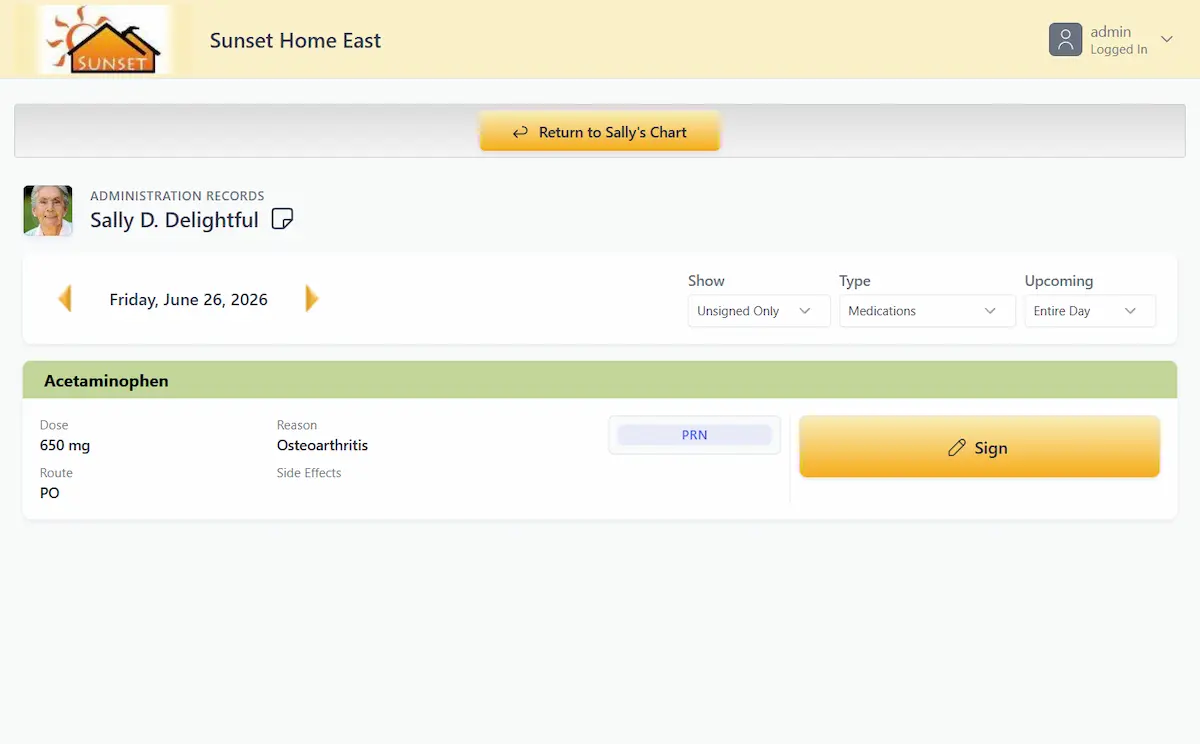 ALChartsPlus eMAR screen showing a medication administration record