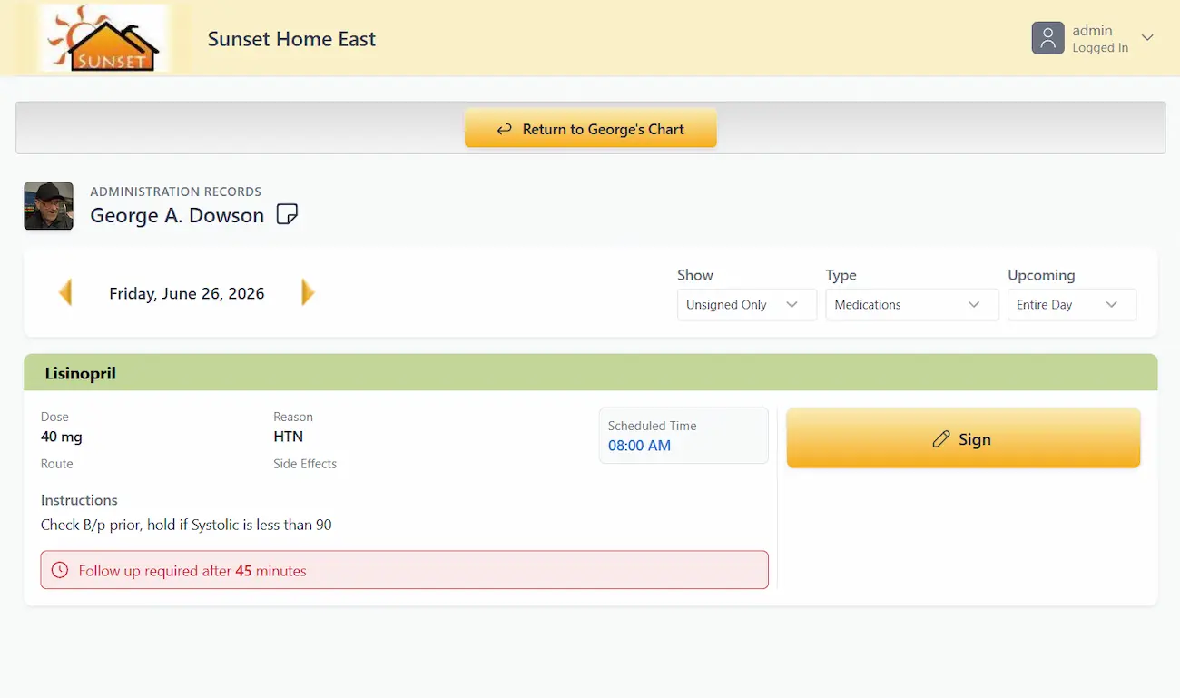 ALChartsPlus eMAR medication administration screen